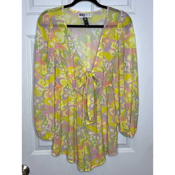 Beach Riot Yellow Pink Romper Cover Up Medium Tie Front V Neck - Picture 2 of 12